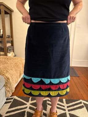 Boden Navy Velvet Pencil Skirt with Multi-Color Scalloped Hem